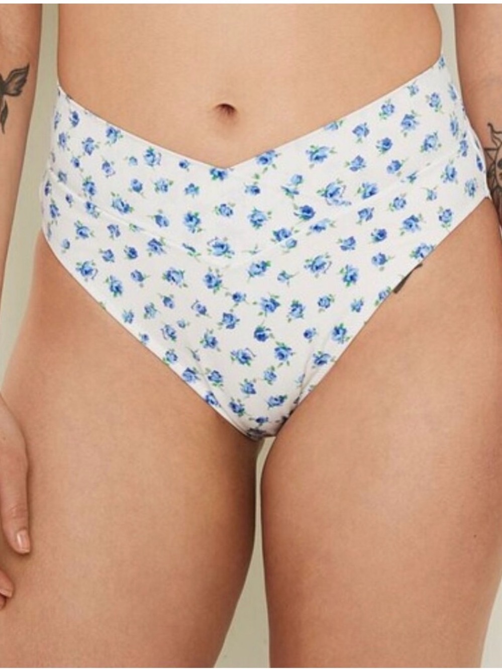 PINK Victoria's Secret White High-Waist Bikini Bottom with Blue Floral Print